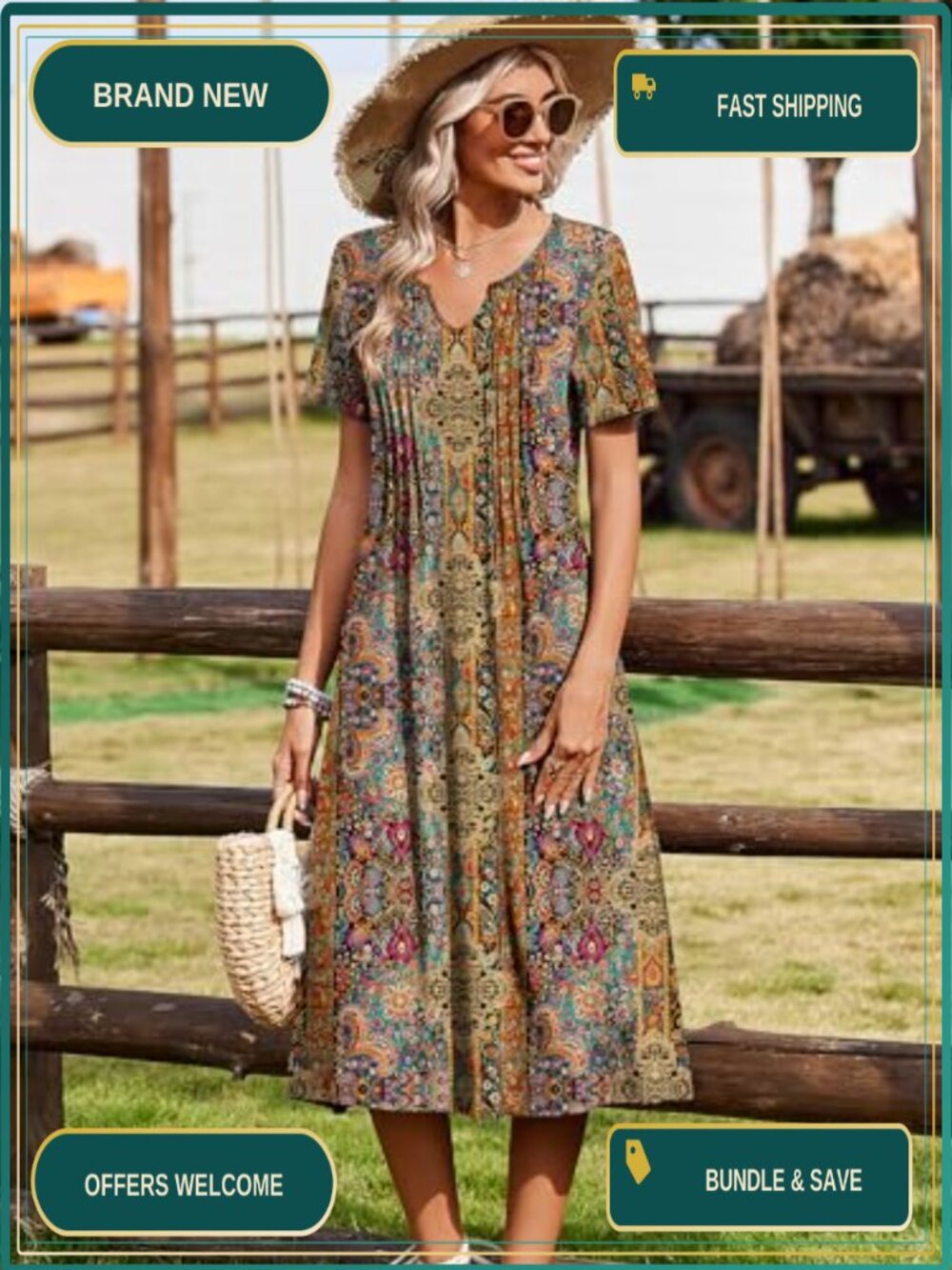 Casual Short Sleeve Aline Midi Dress with Pockets Flowy Pleated Beach Sundress - Picture 4 of 6